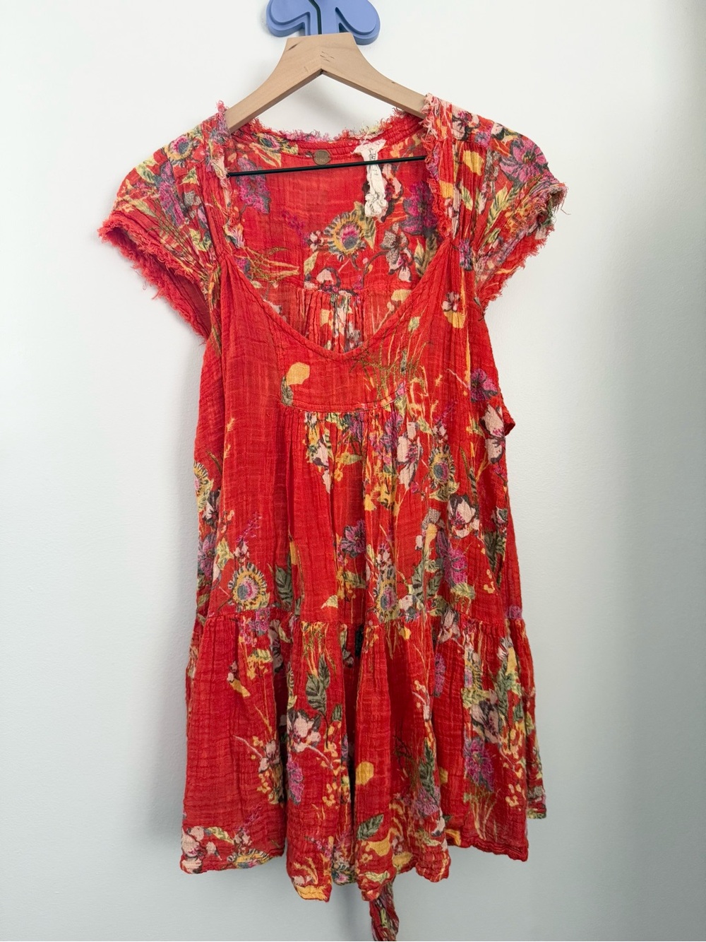 Free People Med Maia Mini Dress Red Gauze Floral Resort Front Wrap Tie Tropical